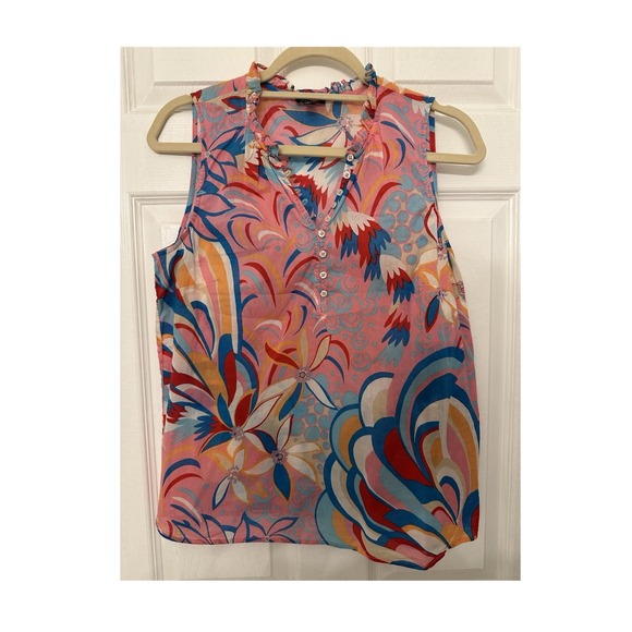 Talbots Tops - Talbots Pink Blue Floral Ruffle Button Front Sleeveless V-Neck Blouse Petite MP